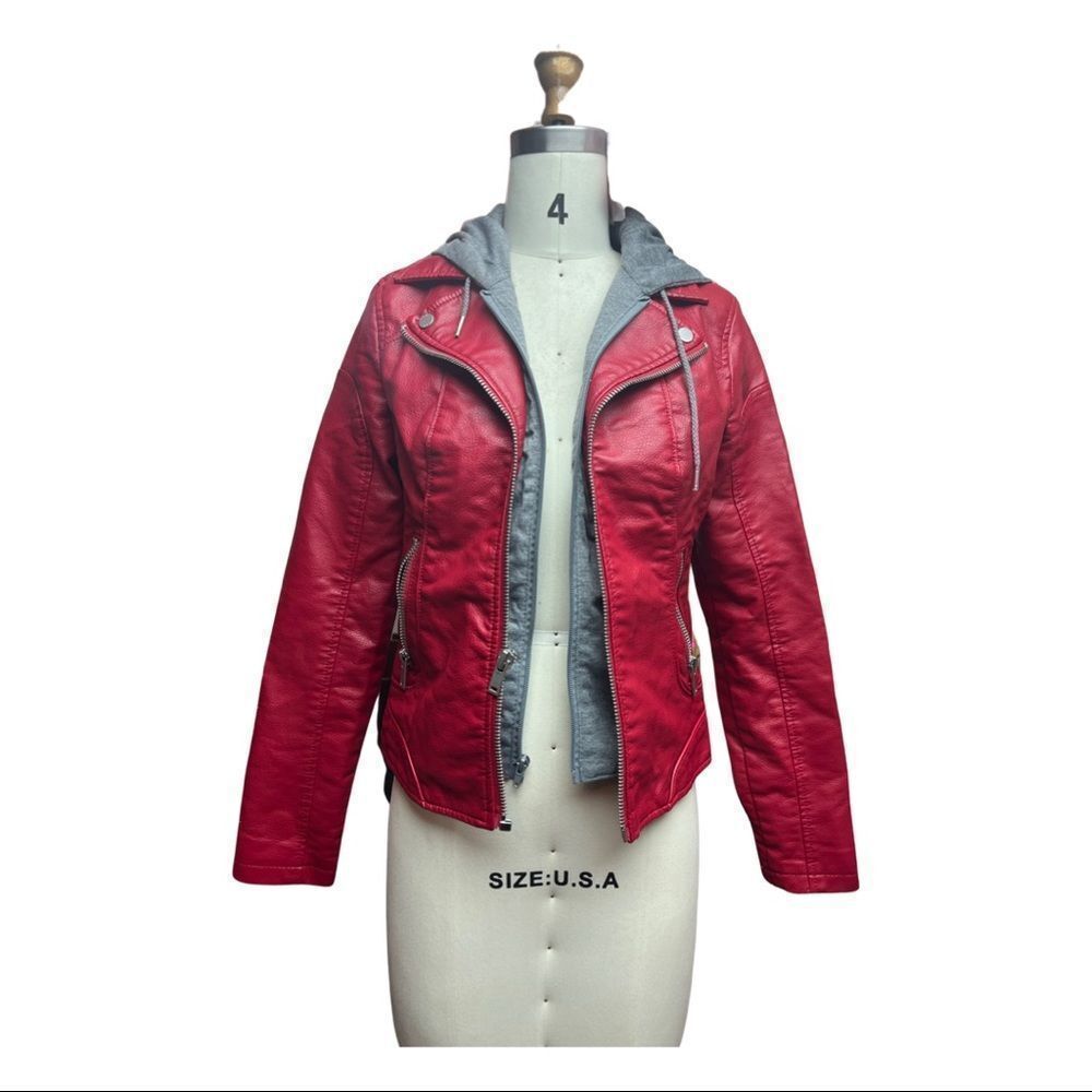 B1 Black Rivet Red Vegan Leather Jacket w/ Faux Grey Hoodie in size can